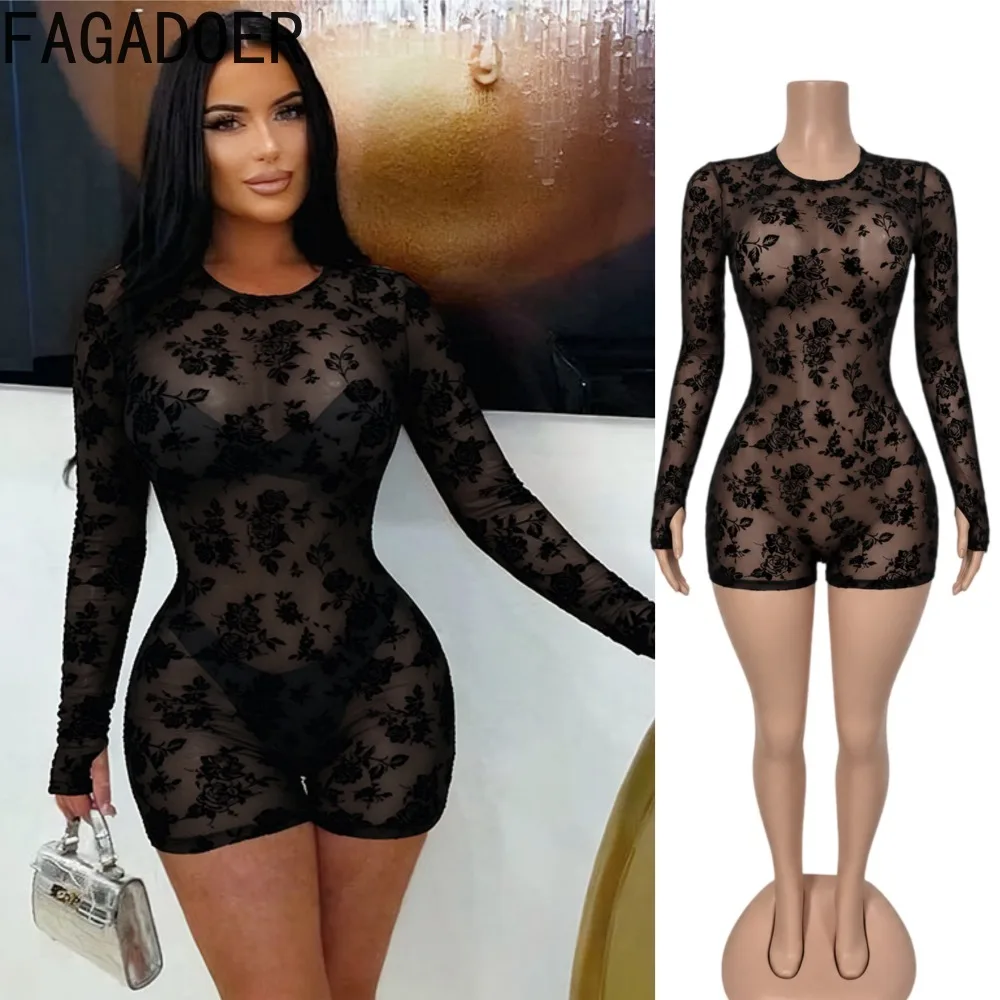 FAGADOER Women Sheer Mesh Romper Floral Lace Long Sleeve Bodycon See Through Sexy Club Party Going Out Jumpsuit Outfit 2026 New