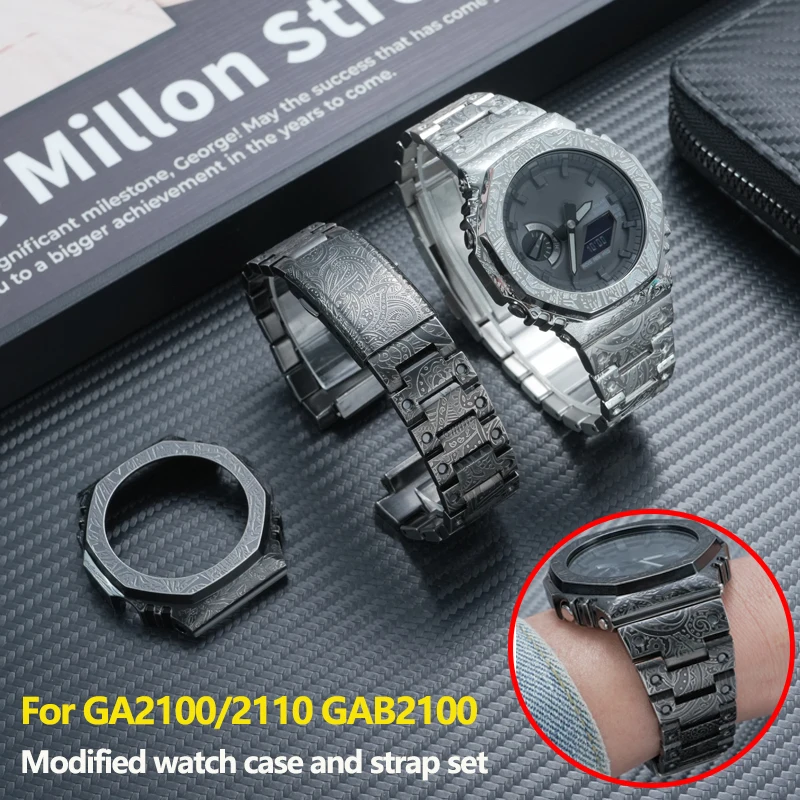 Retro carve-style metal case&strap Mod kit For Casio G-SHOCK GA-2100/2110 GA-B2100 series Men stainless steel bezel/watch band