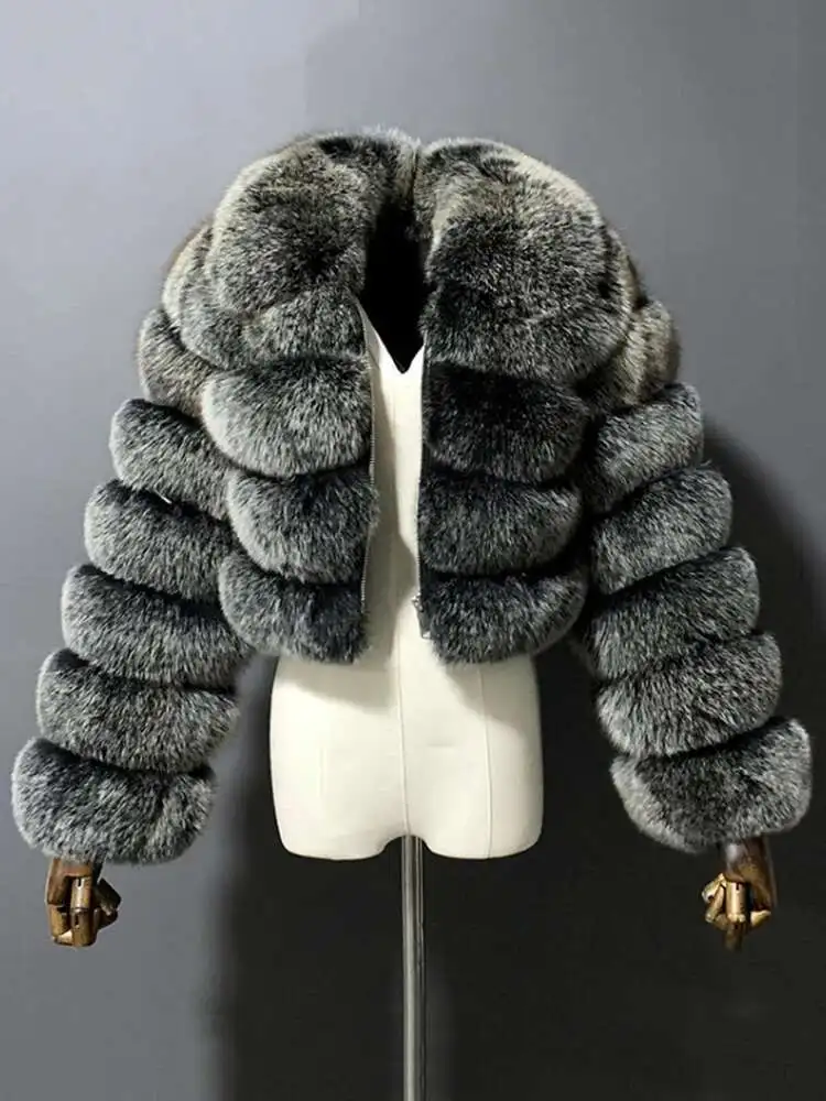 女性用フェイクフォックスファーショートジャケット,ラペル,ジッパー,長袖,ルーズ,厚手の模造品,冬のファッション,2024, 2023