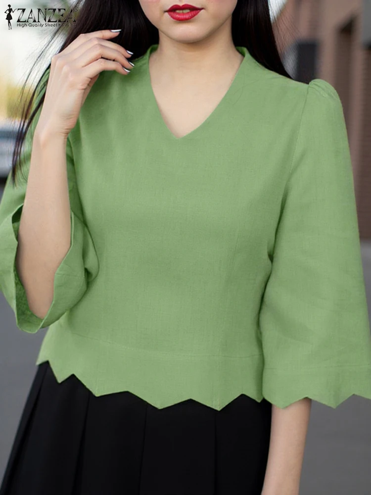 Zanzea 2025 verão onda hem com decote em v camisas femininas blusa de cor sólida moda 3/4 manga topos túnicas casual solto blusas férias