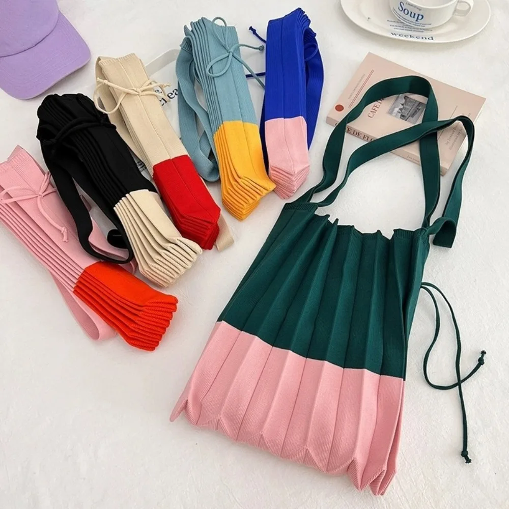 

Handbag Knit Folding Shopping Bag Shoulder Pouch Large Capacity Foldable Eco Bag Eco-Friendly Contrast Color Pleated Bag