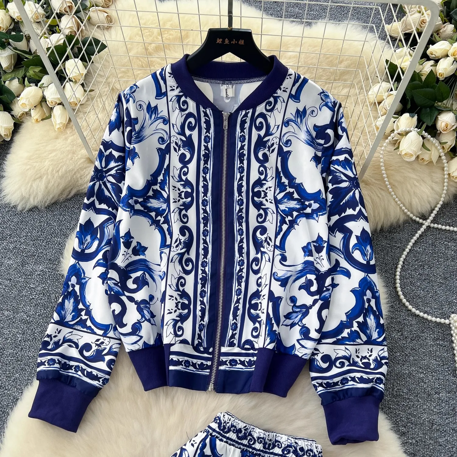 Autumn Runway Red Blue and White Porcelain Print Two Piece Set Women\'s Long Sleeve Zipper Jacket Tops＋Elastic Waist Pant Suits