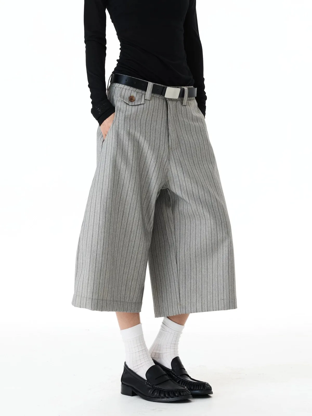 

American Style Grey Suit Shorts Men's Women's Retro Loose Casual Striped Seven-Point Pants Wide Leg Knife West Pants