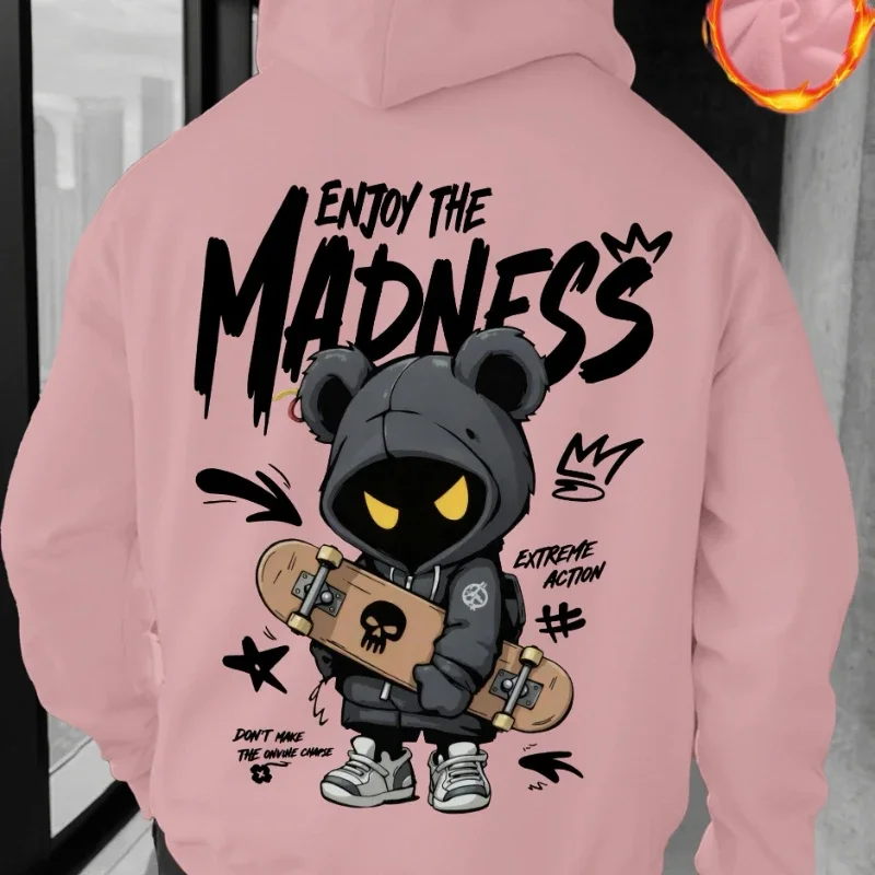 2026 Herfst en winter heren casual street-sweatshirt met capuchon, met de hand geschilderd cartoon menselijke figuur letterpatroon bedrukt shirt met capuchon