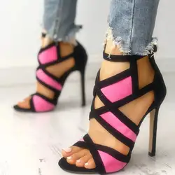 Pink Black Color Block Cutout Stiletto Sandals Women Open Toe Ankle Wrap Thin High Heel Pumps Female Footwear