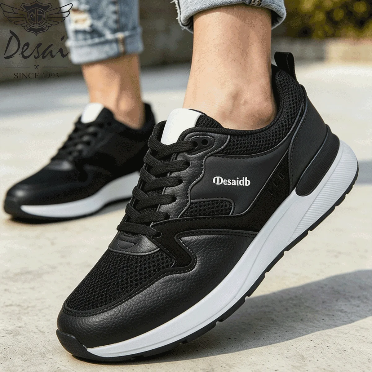 Desai Men's 2026 Autumn Retro PU Leather Mesh Lace-up Sneakers Breathable Non-slip Thick Sole Lightweight Casual Sneakers Daily