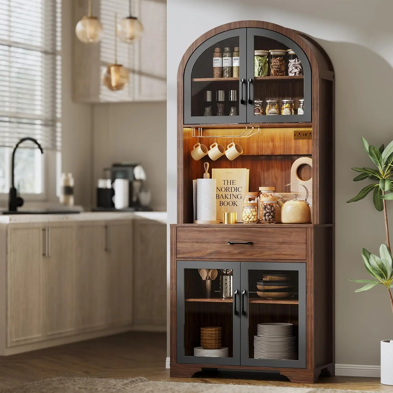

75" Arched Pantry Cabinet with Charging Station and LED Light, Coffee Bar Liquor Cabinet with HD Glass Doors & Adjustable Shelf