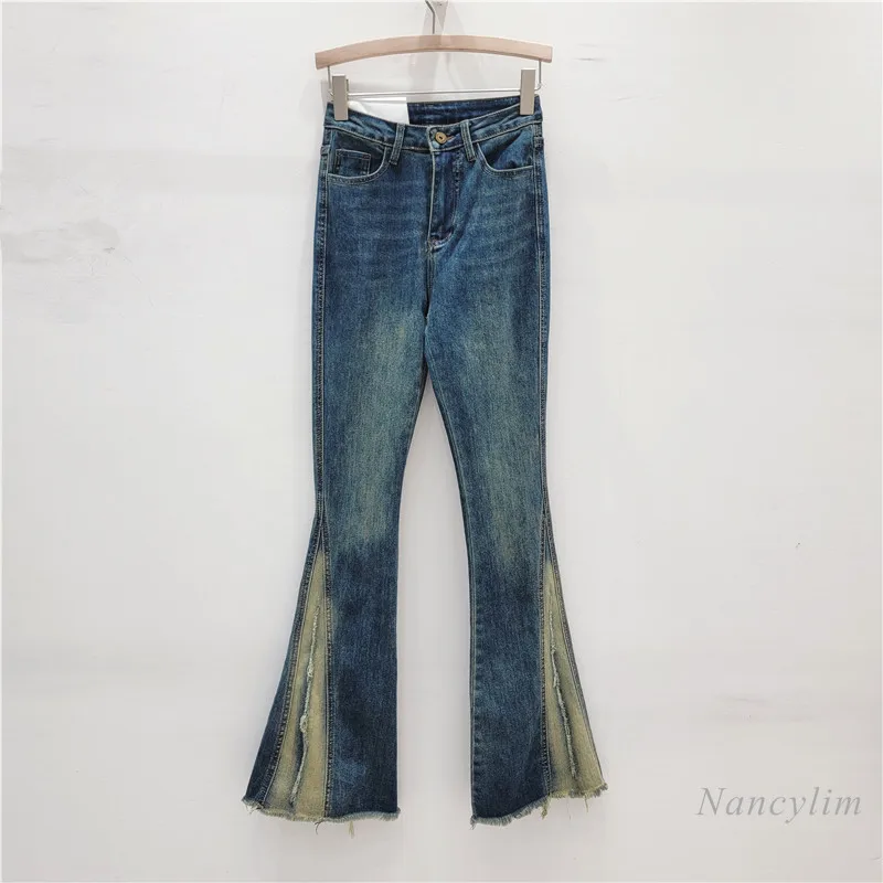 

Personalized Trousers Tie-Dyed Worn Frayed Hem Slim Fit Slimming Long Legs Bootcut Trousers Women's High Waist Jeans Denim Pants