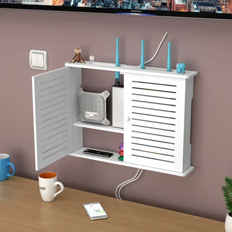 Wall Mounted Storage Box Wireless Wifi Router Rack Wall Board Bracket Cable Organizer PVC Hanging Plug Panel Shelf Home Decor