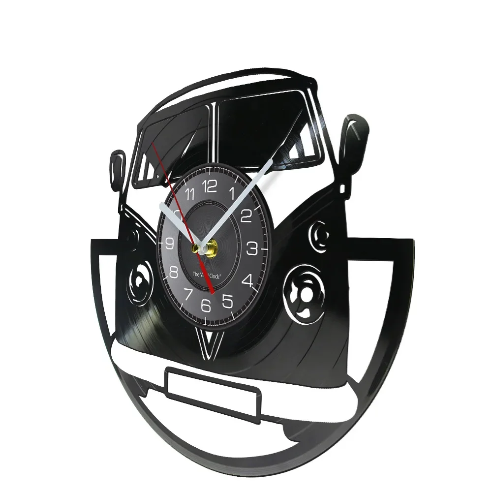 Minibus Vintage Wall Clock Made Of Vinyl Record Van Vehicle Travelling Car Laser Etched Wall Watch With LED Disk Crafts Decor