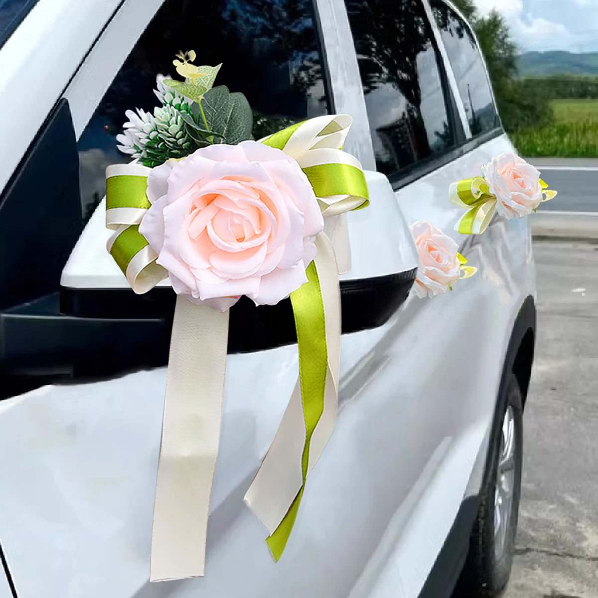 

Wedding Car Flower Plate Ribbon Bows Door Handle Ornament Supplies Party Events Accessories (Suction cup)