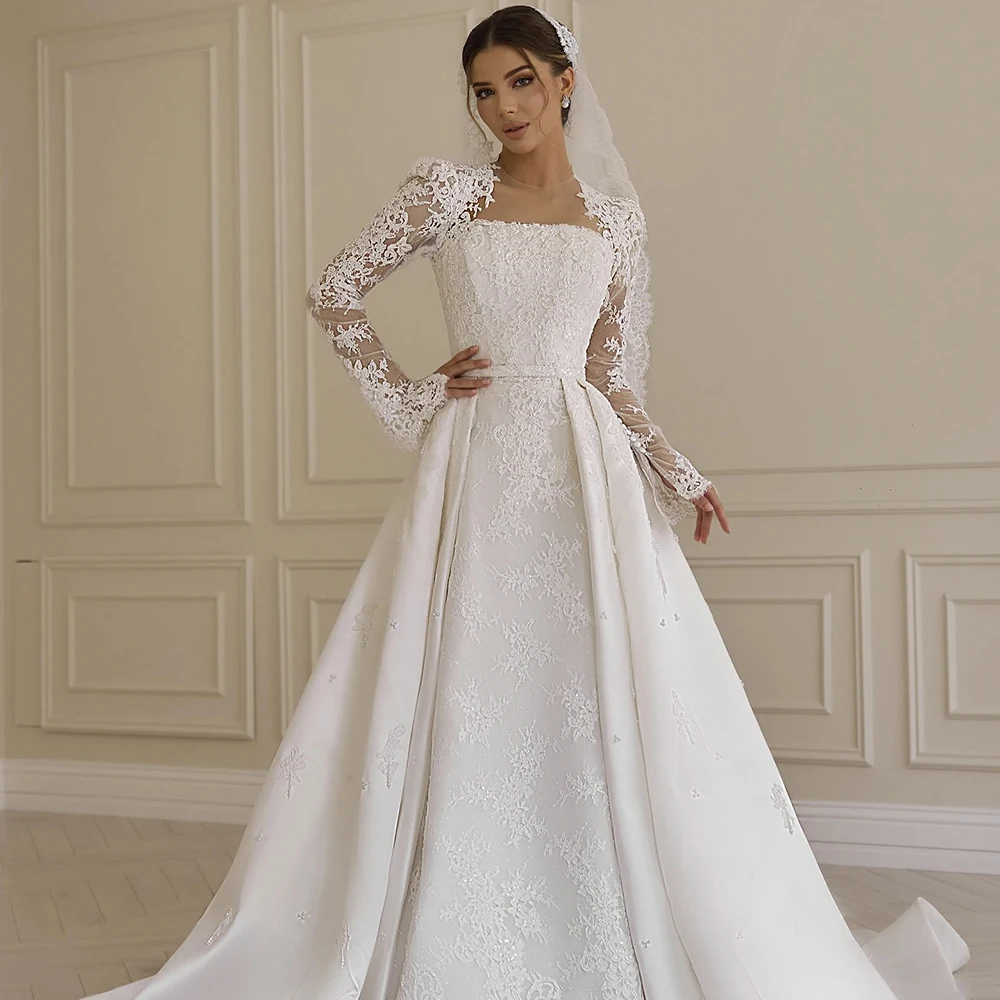 Abito da sposa bianco con scollo a O di lusso personalizzato ILLUSION Maniche lunghe in pizzo Watteau Train Party Dress A-line Abiti da ballo lunghi fino al pavimento