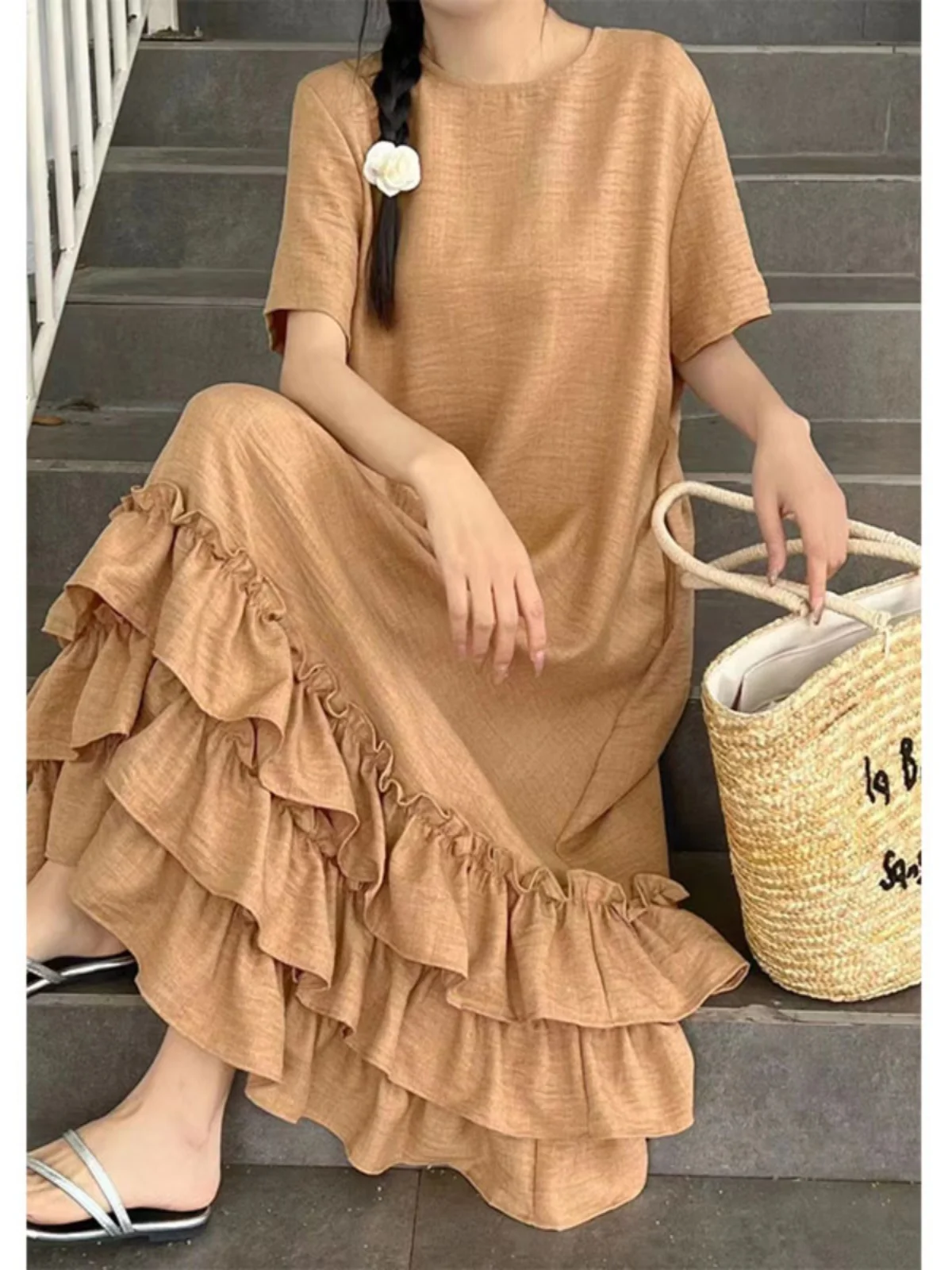 Vestido casual solto de manga curta f, vestido longo fino de verão com gola redonda, bainha de renda dupla camada, efe...