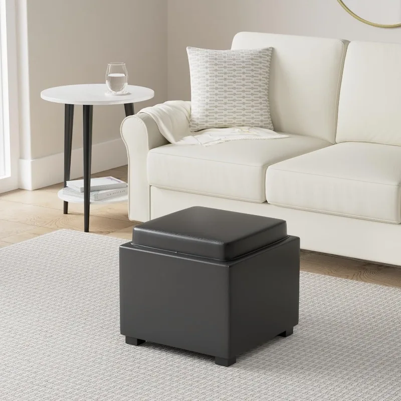 Storage Ottoman Cube with Tray,Footrest Stool Seat Serve as Side Table, PU Leather in Black