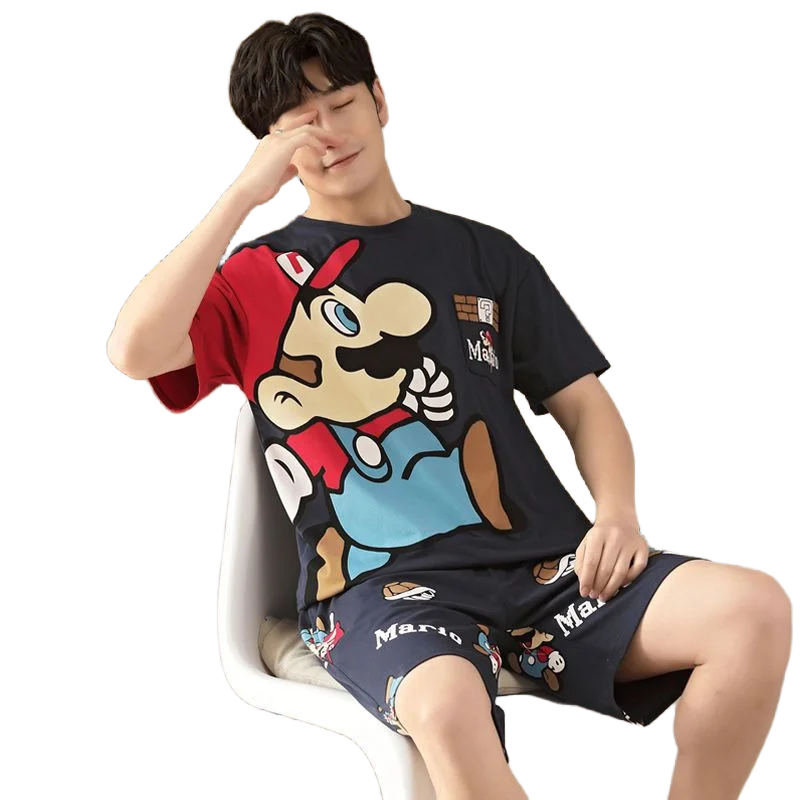 Super Mario Bros. Cute Cartoon Men's Summer Cotton Thin Section Youth Creative Personality Plus Size Short-sleeved Pajamas Set