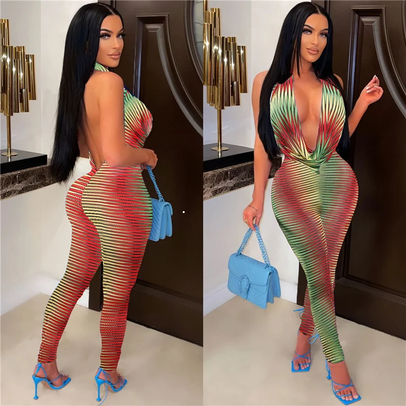 Colorful Striped Bodycon Jumpsuits Sexy Club Outfits for Woman Overalls Festival Clothing Party Club Jumpsuit Backless Rompers