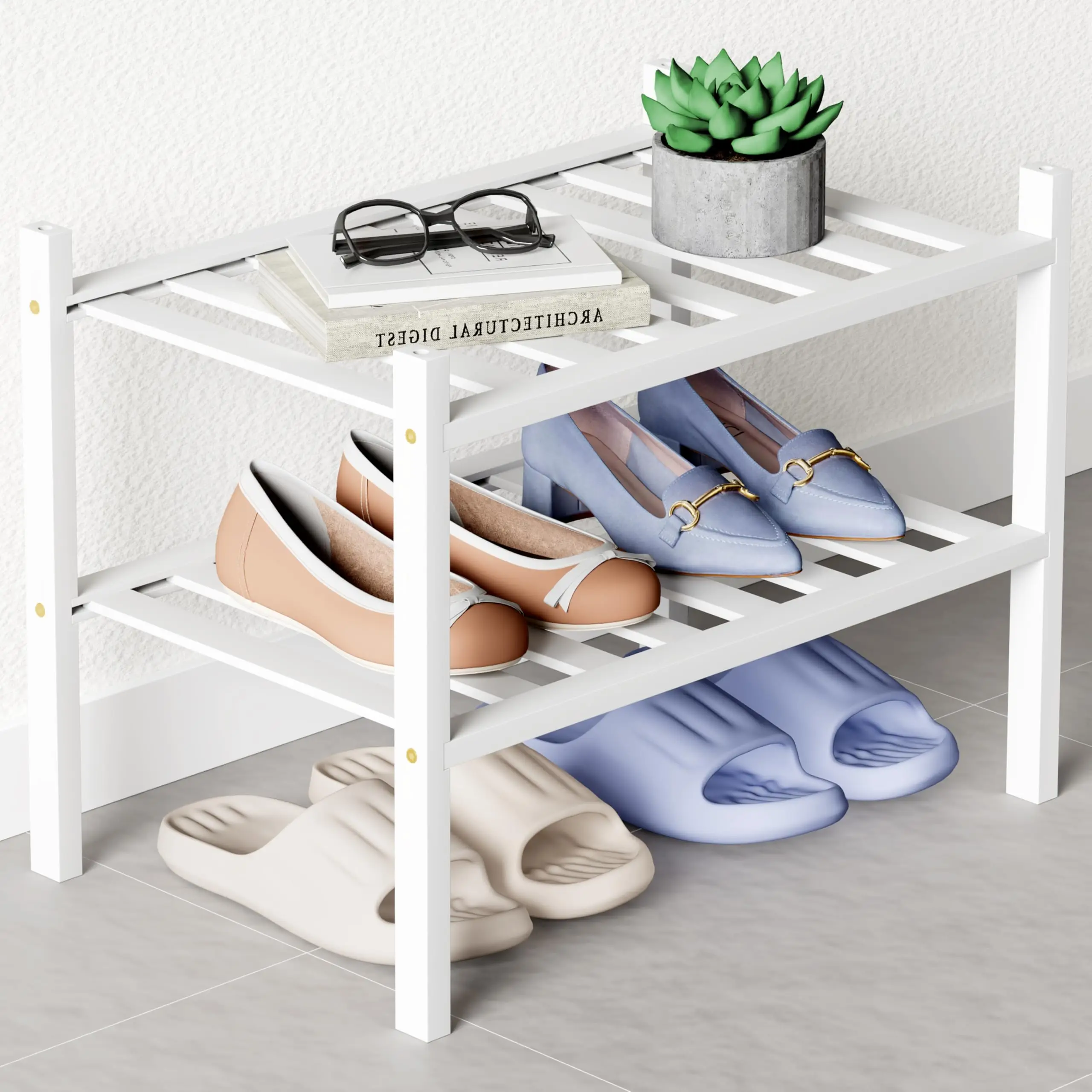 

Three-Tier Bamboo Shoe Organizer With Slatted Shelves And Sturdy Legs, 33.86 Inch Long, For Entryway Or Closet Storage