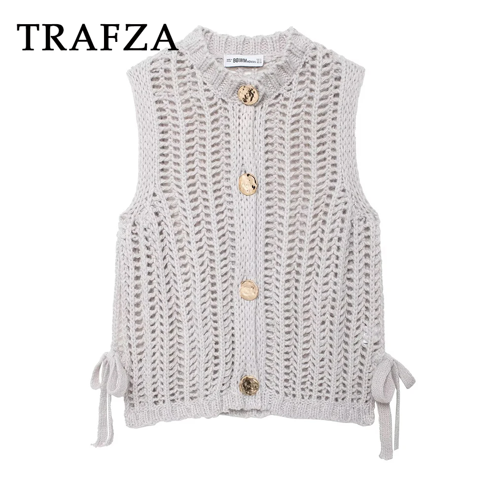 

TRAFZA Chic Summer Knit Woman Casual Single Breasted Sleeveless O-Neck Hollow Out Sweater Fashion 2025 Elegant Lace-up Muer Vest