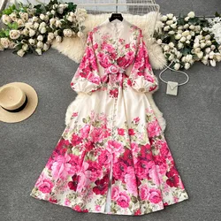 Elegante splendido abito floreale bohémien primavera donna Stand manica lunga lanterna stampa floreale cintura lino abiti lunghi 6235