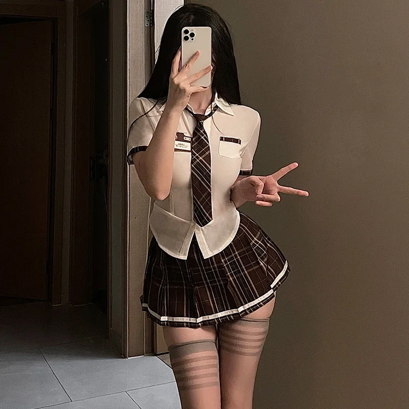 Schoolgirl Costumes Women Sexy Cosplay Lingerie Students Uniform Adult Roleplay Shirt Tops with Pleated Mini Skirt Panties Set - view 5