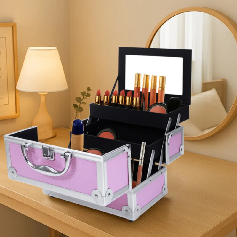 

Portable Top Double Open With Mirror Aluminum Alloy Pink Makeup Case A Heavy Duty Handle On The Top Offers Comfort Portability