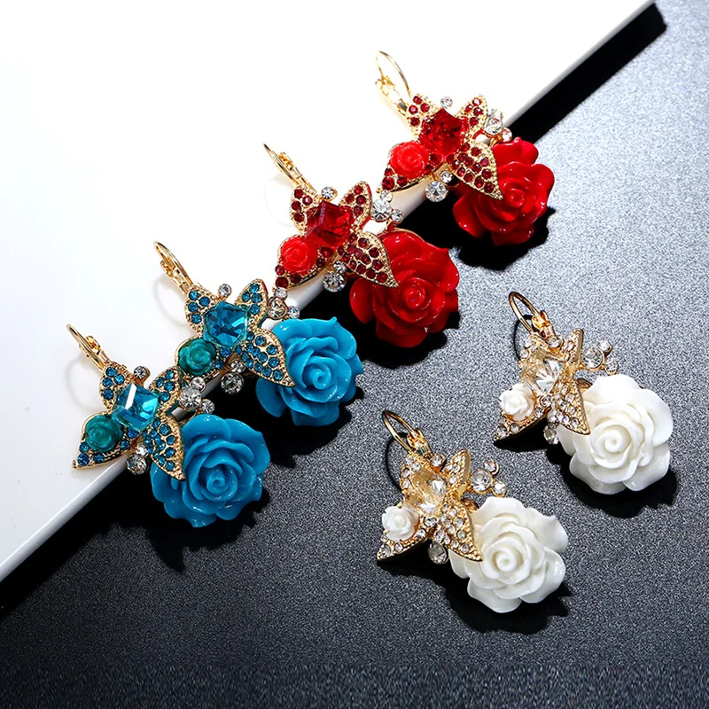 Milangirl Vintage Resin Rose Flower Earrings for Women Exquisite Rhinestone Butterfly Stud Earrings Fashion jewelry