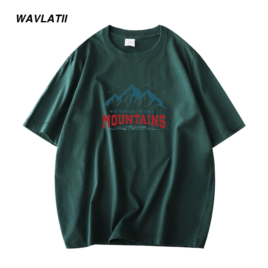 WAVLATII Men\'s Mountain Printed 100% Cotton T shirt Male New Red Khaki Basic Short Sleeve Tees Tops for Summer WMT2207