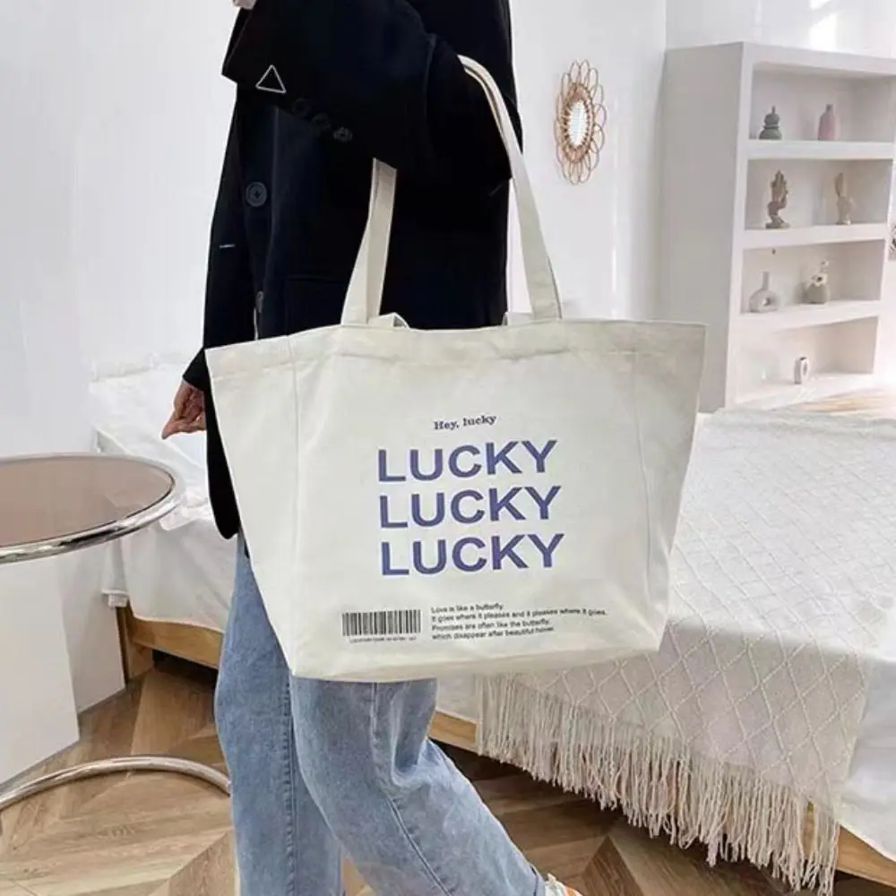 

Storage Bag Large Capacity Letter Print Tote Bag Shopping Handbag Literary Canvas Shoulder Bag Casual Zipper Underarm Bag School