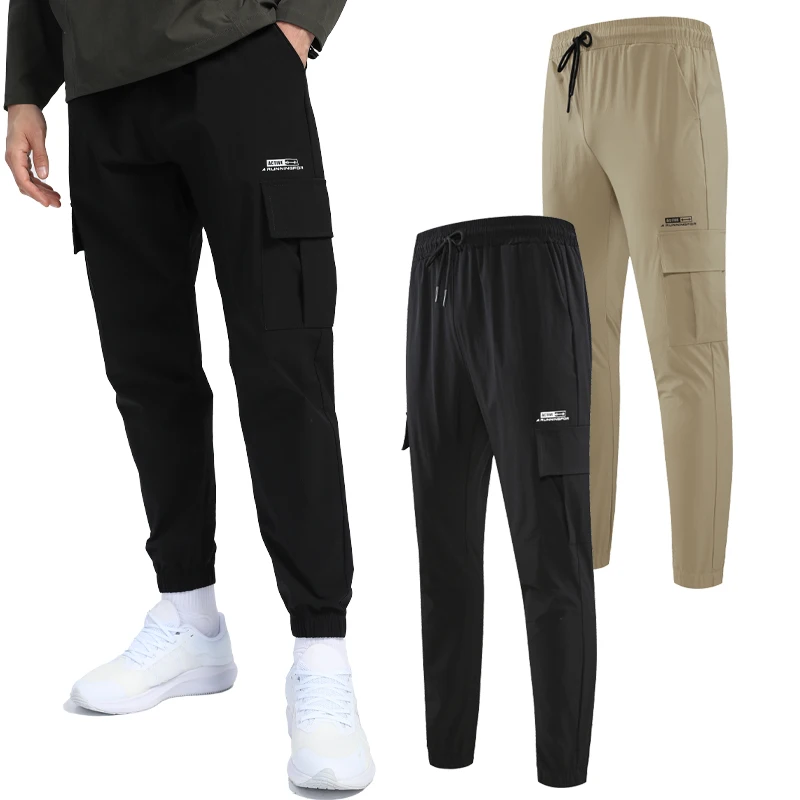 Calças masculinas casuais esporte imprimir correndo calças lado grandes bolsos streetwear sportspant respirável ginásio workout carga pant