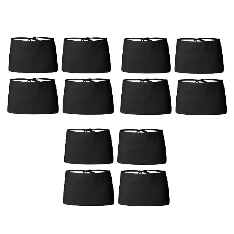 ABLQ 12 Pack - Black Server Waist Aprons, Waitress Half Apron Belt Pocket Apron