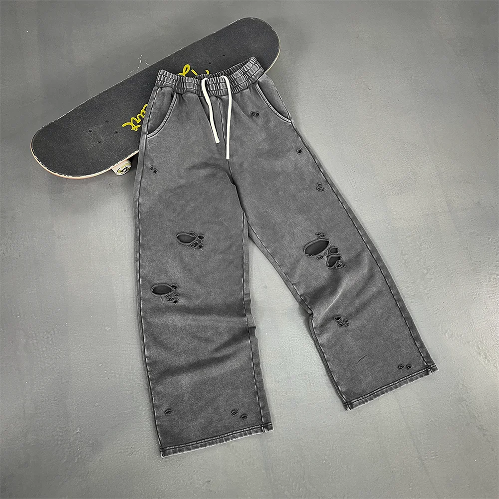 2025 Autumn/Winter Acid Wash Sweat Pants Athletic Joggers Hip Hop Raw Edges Cut Crush Distressed Frayed Wide Leg Sweatpants