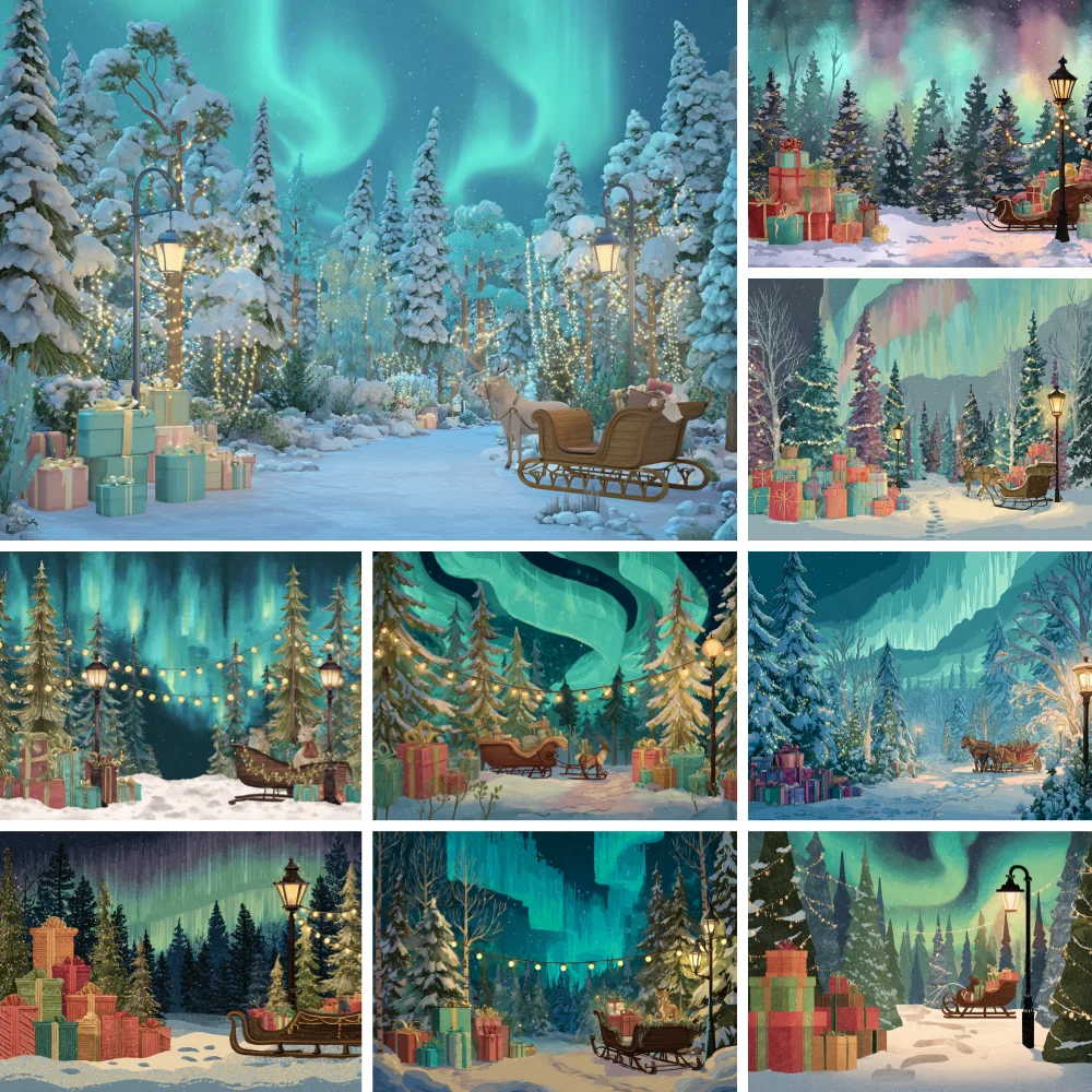 Winter Aurora Borealis Snow Pine Forest Sleigh Gift Box Photo Backdrop Cloth Xmas Newborn Portrait Studio Background Decor Prop