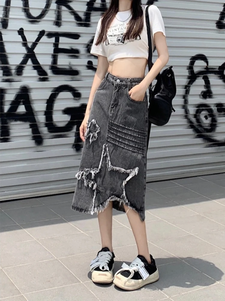 Women Star Denim Skirt Y2k A-Line Skirts Harajuku Korean Vintage 90s Aesthetic Long Jeans Skirt 2000s Trashy Clothes Summer 2024