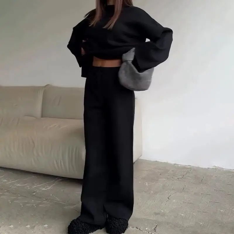 

2025 Autumn European and American Women's Solid Color Crew Neck Fashion Casual Wide-Leg Pants Sweater Set, Hot Selling New Style