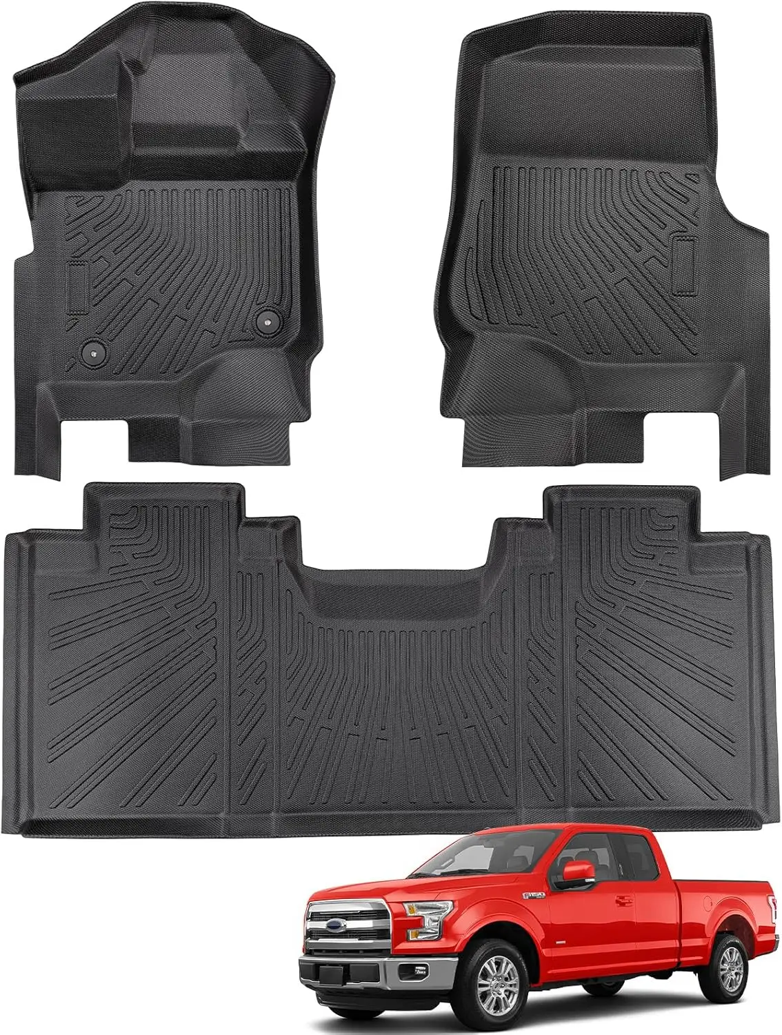 All-Weather TPE Floor Mats for 2015 - 2026 Pickup Trucks (Excl. SuperCrew Cab), 3PCS Black Car Mat Set