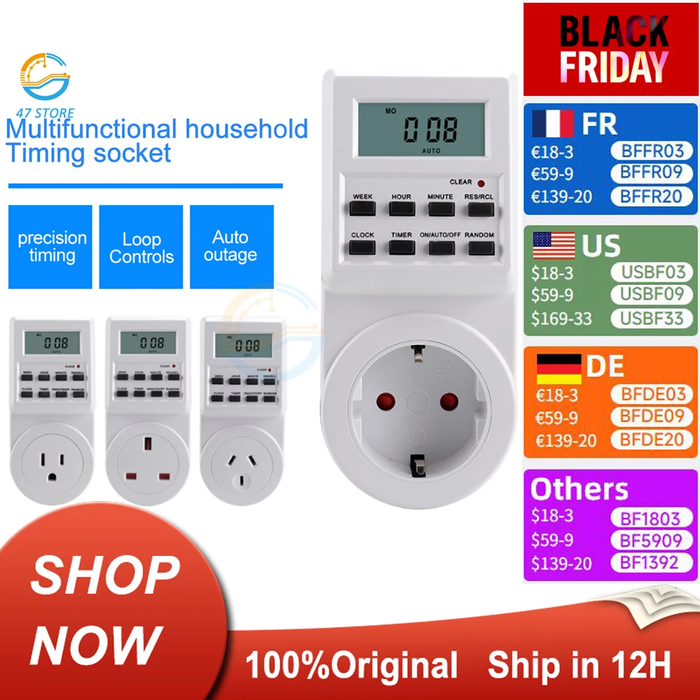 timer enchufe 220v Enchufe de pared eléctrico programable semanal Digital, enchufe de pared, temporizador, interruptor de salida, reloj de tiempo, 220V, 110V, CA, EE. UU., AU, Reino Unido, UE