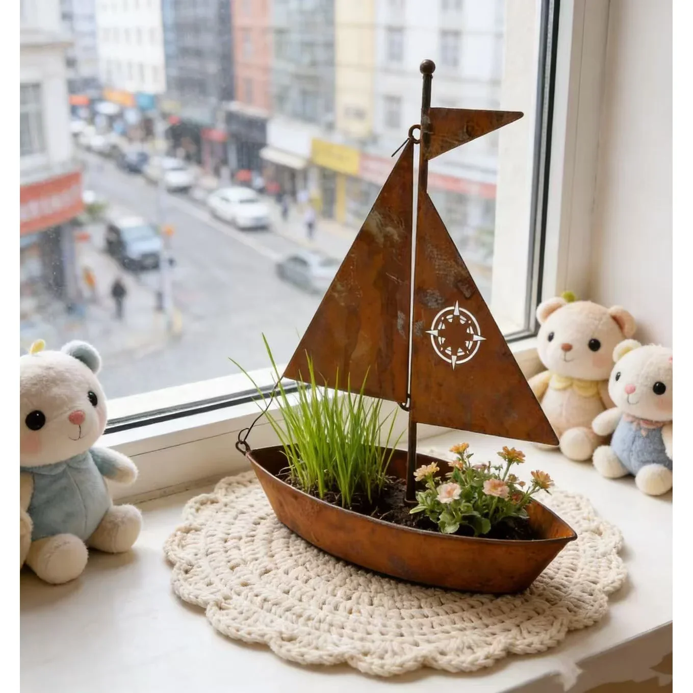 Vintage Rusty Finish Sailboat Planter Desktop Succulent Plant Container Home Window Sill Decor Home Nautical Themed Garden Decor