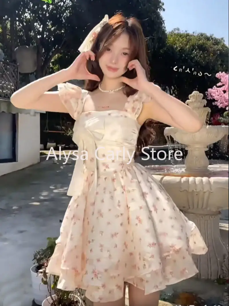 Japan Sweet Floral Mini Dress Women Elegant Cute Bow Flying Sleeve One Piece Dress Summer Sexy Fairy Casual Evening Party Dress