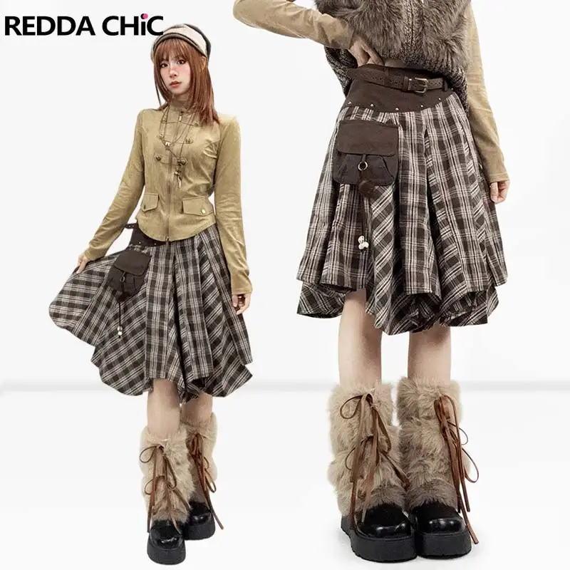 REDDACHiC Hollow Belt Women Cargo Skirt Western Brown Irregular Ruffle Stitch Stud High Waist Knee Long Skirt Retro Streetwear