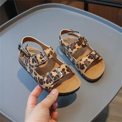 Children\'s Square Button Camo Open Toe Sandals Light Brown/black, Girls 2024 Summer New PU Outdoor Fashion Sandals, Size 26-36