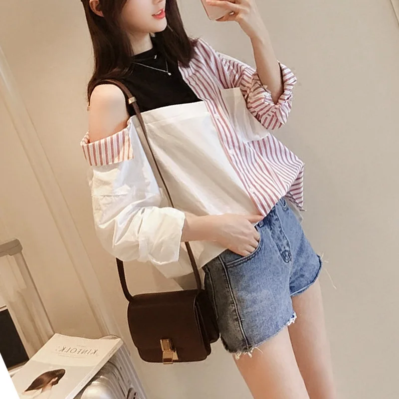 Summer Female Fashion Fake Two Pieces Long Sleeve Blouse Casual All-match Striped Spliced Off Shoulder Shirt Women\'s Clothing