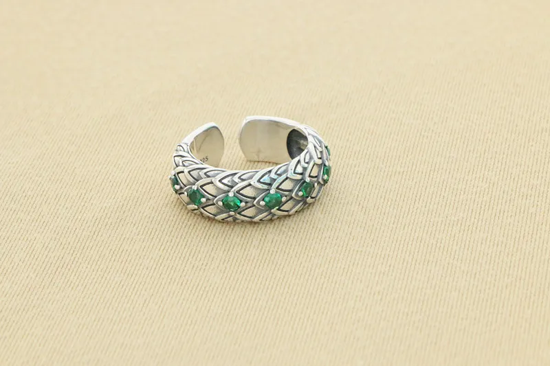 European and American punk opening dragon scale pure silver green crystal ring index finger men's personalized jewelry trend hip