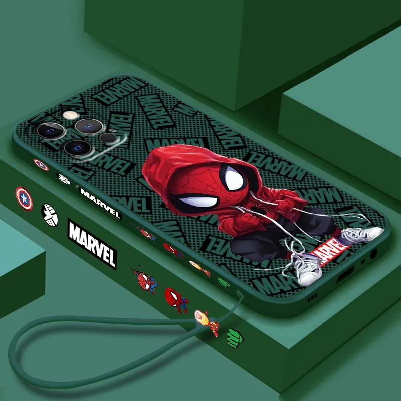 

Marvel Cartoon Spider-Man Cool Phone Case For Apple iPhone 16 15 14 13 12 11 XR XS X Pro Max Plus Liquid Left Rope Soft Cover