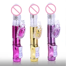 Silicone G spot Dildo Vibrators 2-mode Rotation + 6 Telescopic Speed Vibration Dual Clitoris Stimulator Adult Sex Toys for Woman