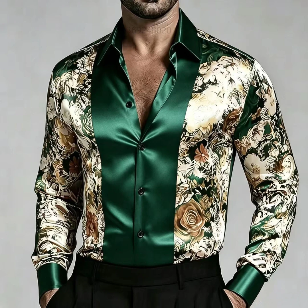 Men's Luxury Satin Long Sleeved Shirt, Black Gold Retro Rose Gold Printed Slim Fit Casual Business Party Shirt