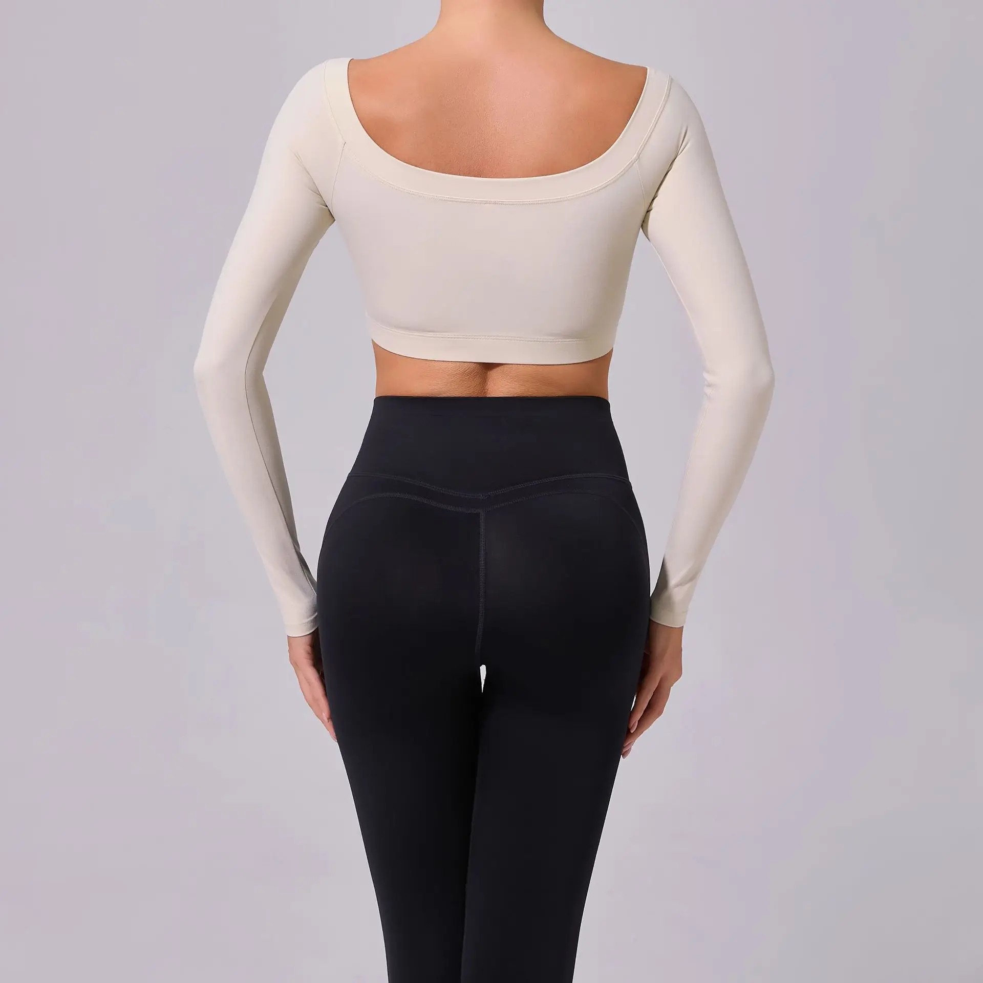 Fashion Long Sleeve Slash Neck Sports Top Women Crop Top for Fitness Yoga Wear Fashion Sports Short T-shirt Gym Workout Shirt