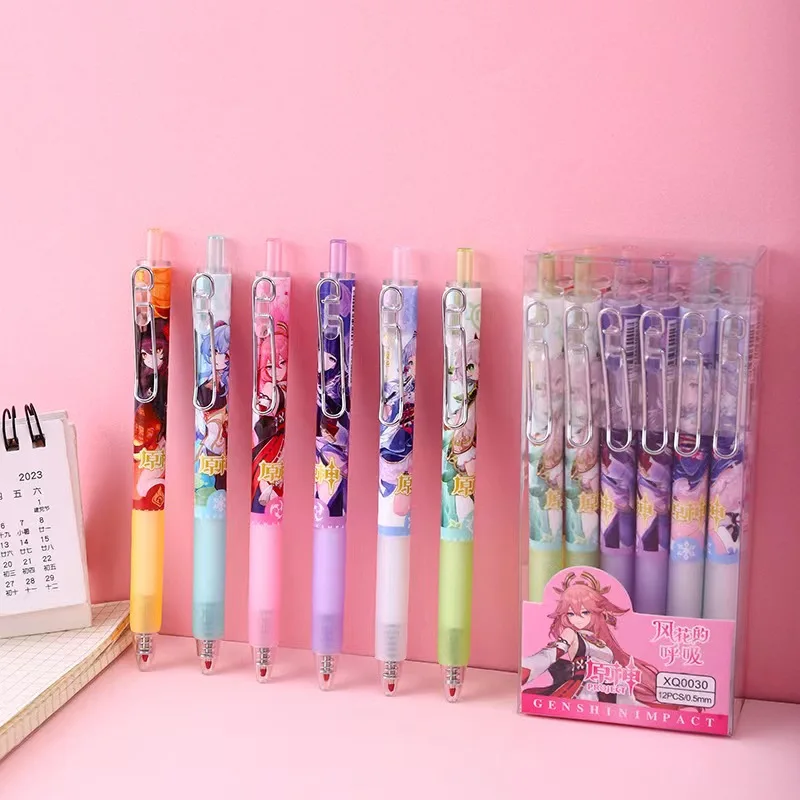 12Pcs/Set Cute Game Genshin Impact Cartoon Gel Pens Raiden Shogun Kamisato Ayaka Ganyu Hu Tao Nahida Yae Miko Signature Pen gift