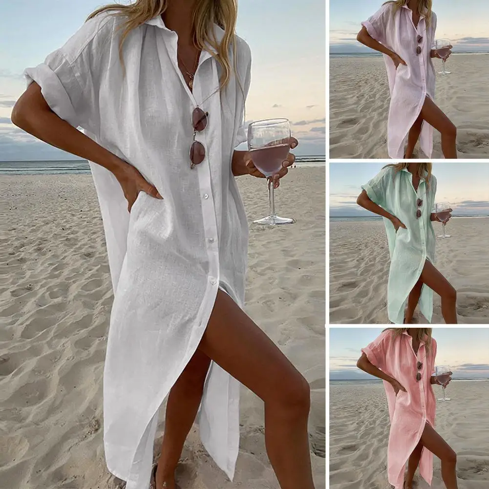 New Long Shirt Dress for Women 2024 Summer Pure Color Casual Short Sleeve Dress Beach Female Clothing Vestido Robe