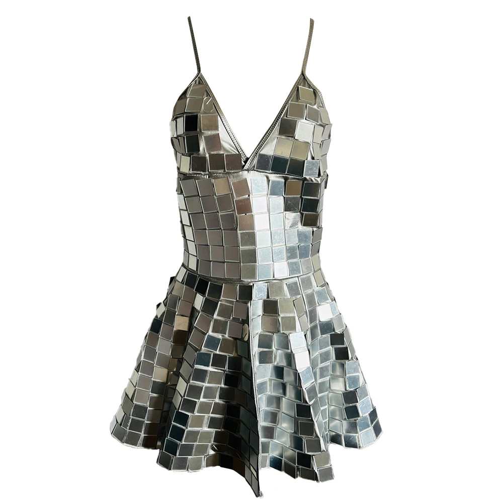 

Sexy Women Sparkling Mirror Clothing Sleeveless Dress Silver Night Birthday Celebration Clothing Party Gold Clothing