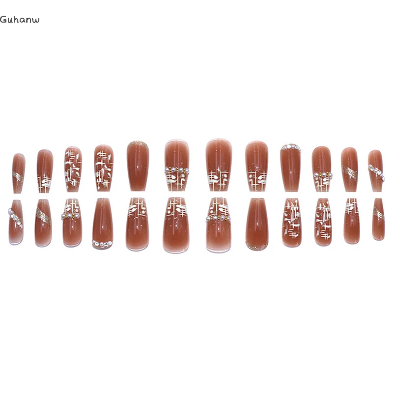 

[YU]24Pcs Coffin Press On Nail Autumn Winter False Nails Glitter Diamond Stick On Nails French Nail Art